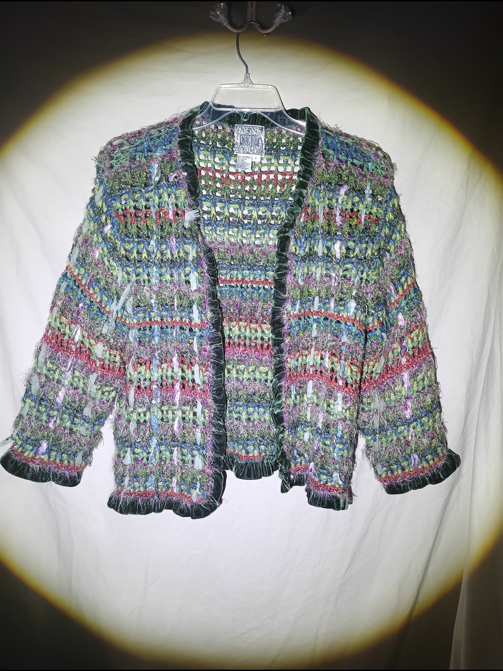 Vintage Curio Whimsigoth Multi Color Open Knit Velvet Trim Cardigan Jacket Large